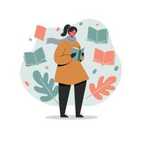Woman reading book with floating books and autumn leaves in warm clothes autumn scene portrait vector