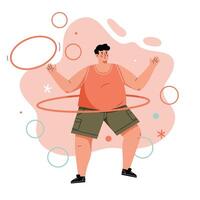 Man exercising with hula hoop in casual outfit surrounded by abstract colorful circles and shapes in playful scene vector