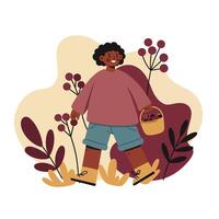 Person walking with basket of fruits in autumn nature scenery with red and beige plants and foliage vector
