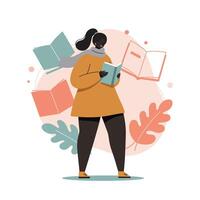 Woman reading books surrounded by floating books and colorful leaves in abstract autumn theme vector