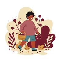 Child carrying basket and grapes with autumn plants background in warm tones illustration vector