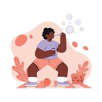 Child blowing bubbles with basket and ball in colorful indoor play area with pastel background vector