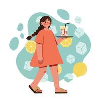 Young woman carrying tray with cold drinks and ice cubes in summer setting with lemon slices and balloon background vector