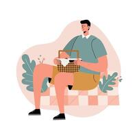 Man holding picnic basket sitting on patterned bench with leafy plants surrounding calm outdoor scene vector