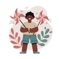 Child holding two spinning pinwheels with leaves background playful summer activity cheerful expression vector