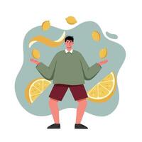 Man juggling lemons and lemon slices in playful green sweater and shorts with abstract background vector