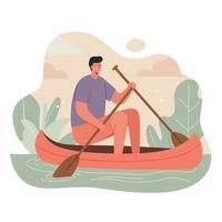 Man rowing red canoe on calm water surrounded by green plants and cloudy sky in landscape scene vector