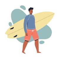Man walking with yellow surfboard wearing blue sweatshirt and coral shorts summer beach activity illustration vector