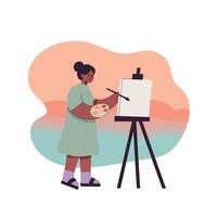 Woman painting on easel with palette in hand creating artwork in colorful background illustration vector