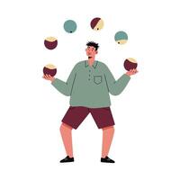 Man juggling multiple balls in casual outfit performing skillful balancing act illustration vector