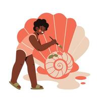 Child painting seashell art with large shell backdrop in coral and beige colors illustration vector