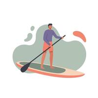 Stand up paddleboarding man on board with paddle enjoying water sport activity illustration vector