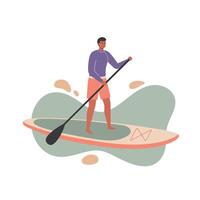 Man paddleboarding on calm water with green background and splash elements illustration vector