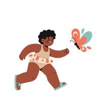 Child running happily chasing colorful butterfly playful summer activity illustration vector