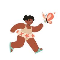 Child running playfully chasing butterfly in summer clothes with floral pattern and sandals illustration vector