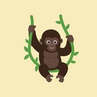 Baby gorilla swinging on green vine branches in playful jungle scene illustration vector