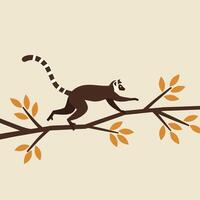 Lemur walking on brown tree branch with orange leaves in simple illustration style vector