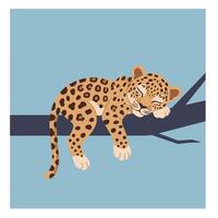 Leopard resting on tree branch with blue background in peaceful nature illustration vector
