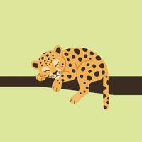Sleeping cheetah resting on tree branch with green background in simple illustration style vector