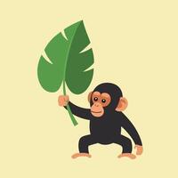 Monkey holding large green tropical leaf illustration in flat design style with beige background vector