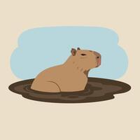 Capybara Relaxing in Mud Bath Illustration with Neutral Background and Blue Sky Shape vector