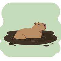 Capybara relaxing in muddy water illustration with natural green background and calm expression vector