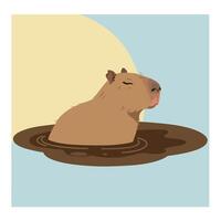 Capybara relaxing in water with calm expression under soft sunlight in minimal style illustration vector