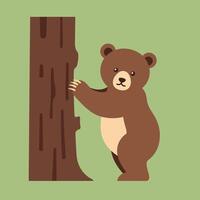 Brown bear standing next to tree trunk on green background simple illustration vector
