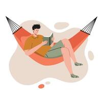 Man Relaxing in Orange Hammock Reading Book Leisure Activity Illustration vector