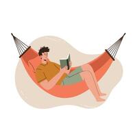 Man Relaxing on Orange Hammock Reading Book Leisure Lifestyle Illustration vector