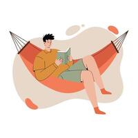 Man Reading Book Relaxing in Orange Hammock Leisure Activity at Home Illustration vector