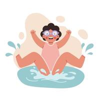 Happy child wearing goggles playing and splashing water in a pool on summer day cheerful illustration vector