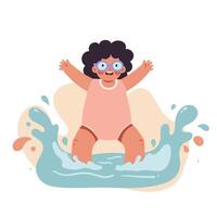 Happy toddler child playing in water splash with goggles on head in summer fun activity illustration vector