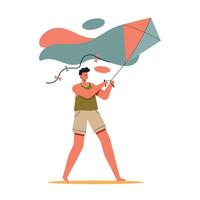 Man flying a kite outdoor activity with colorful shapes in background summer leisure pastime illustration vector