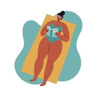 Woman reading book relaxing on beach towel in summer illustration with warm colours and casual style vector