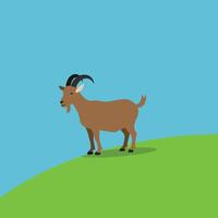 Goat standing on green hill under clear blue sky illustration with simple flat design style vector