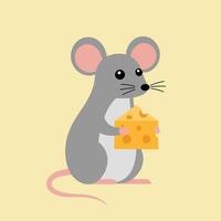 Cute gray mouse holding yellow cheese illustration with pink ears and tail on light background vector