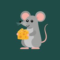 Cute cartoon mouse holding a piece of cheese simple illustration in flat style with green background vector