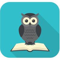 Owl sitting on open book flat icon with long shadow education and wisdom symbol illustration vector