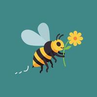 Bee collecting nectar from yellow flower on teal background flat illustration design vector