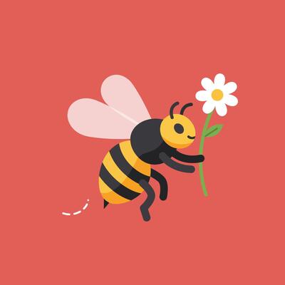 Cute bee holding flower illustration with red background and simple design elements