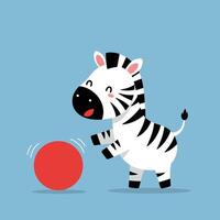 Cute baby zebra playing with red ball on blue background in square format illustration vector