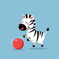 Cute playful zebra cartoon character with red ball on blue background illustration vector