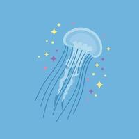 Jellyfish floating in blue water with colorful sparkles illustration for ocean life design vector