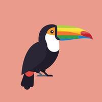 Toucan bird with colorful rainbow beak perched on branch flat illustration design vector