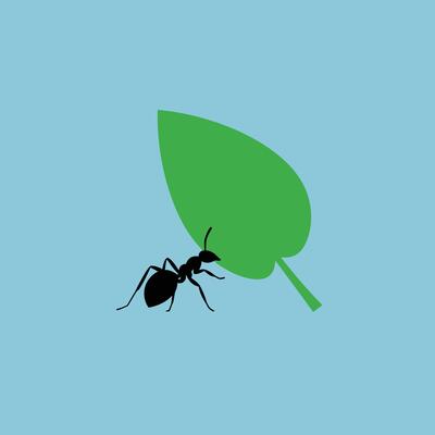 Ant carrying green leaf on blue background illustration in minimal style natural concept