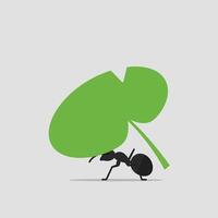 Ant carrying green leaf illustration on gray background simple design vector