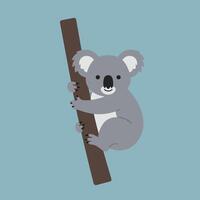 Koala climbing a tree branch in simple style with soft blue background illustration vector