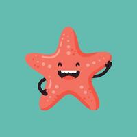Happy red starfish cartoon character smiling with arms on turquoise background illustration vector