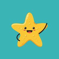 Cute happy starfish character with smiling face and waving arm on teal background illustration vector